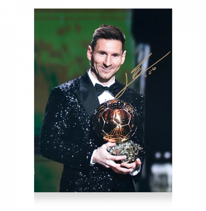 Icons Lionel Messi Official Signed Photo In Black Wooden Frame: 2021 Ballon D'Or Winner