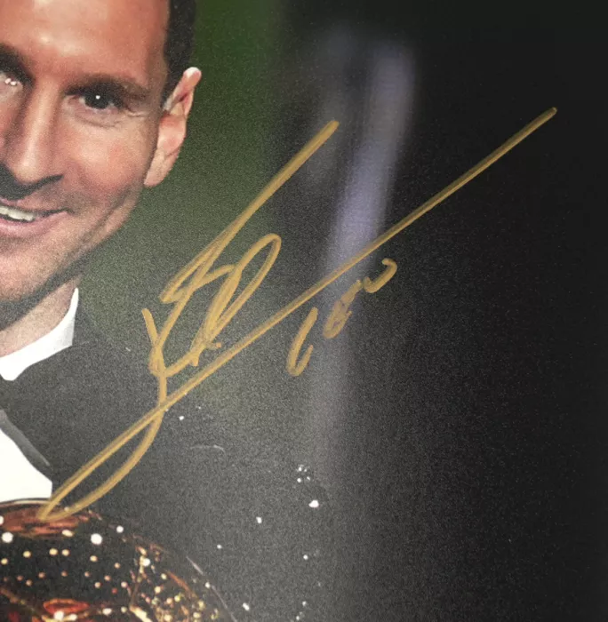 Icons Lionel Messi Official Signed Photo In Black Wooden Frame: 2021 Ballon D'Or Winner