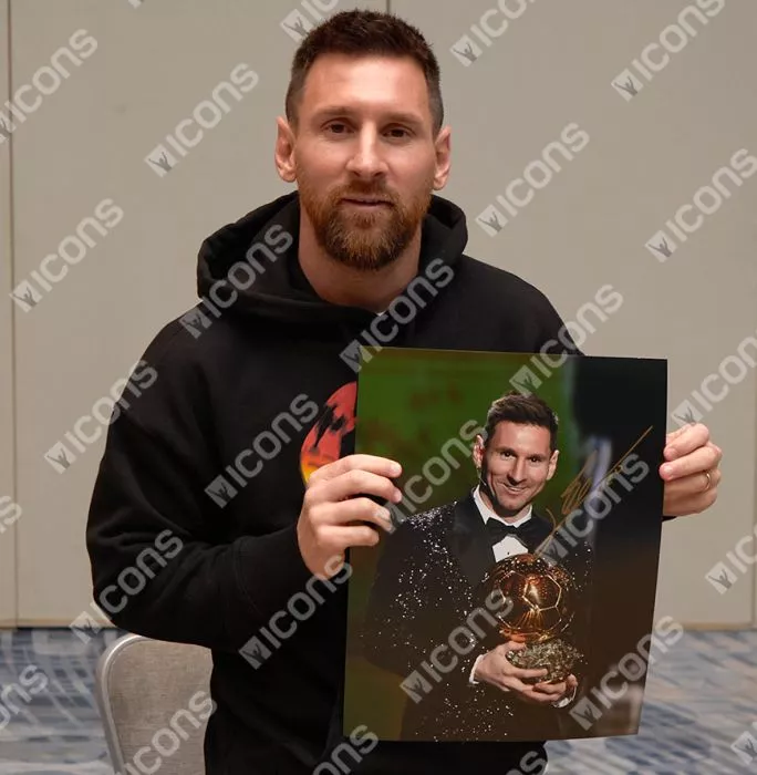 Icons Lionel Messi Official Signed Photo In Black Wooden Frame: 2021 Ballon D'Or Winner