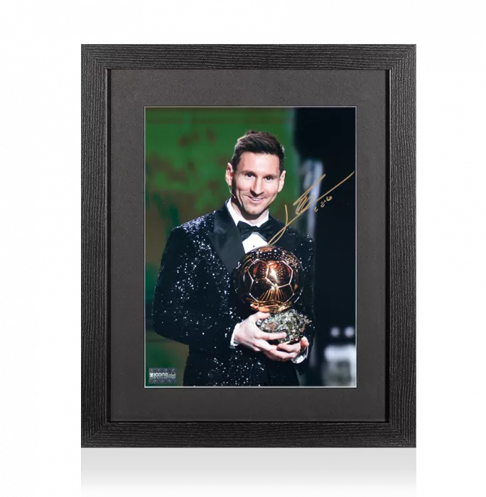 icons Lionel Messi Official Signed Photo In Black Wooden Frame: 2021 Ballon d'Or Winner