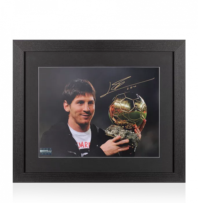 icons Lionel Messi Official Signed Photo In Black Wooden Frame: 2010 Ballon d'Or Winner