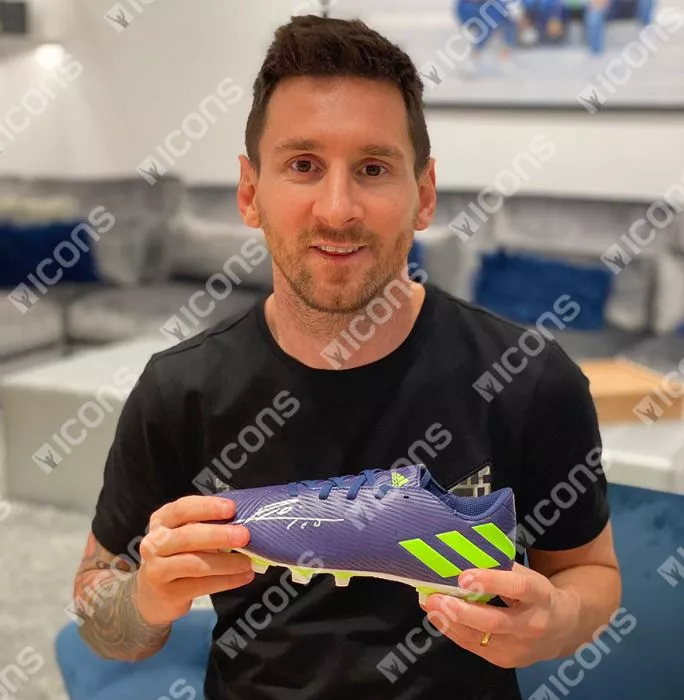 Icons Lionel Messi Official Signed Purple & Green Adidas Nemeziz Messi Boot In Acrylic Case