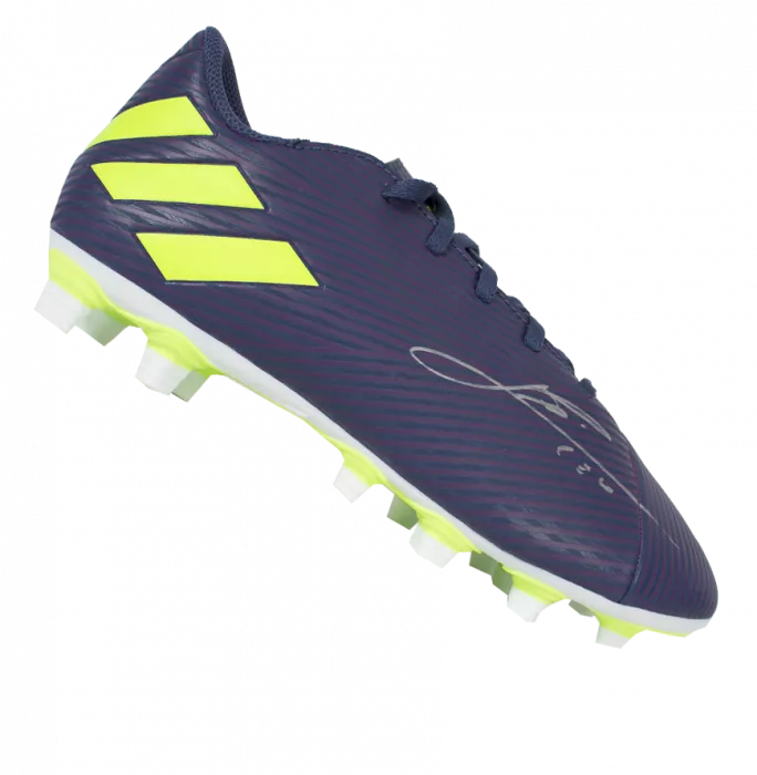 Icons Lionel Messi Official Signed Purple & Green Adidas Nemeziz Messi Boot In Acrylic Case