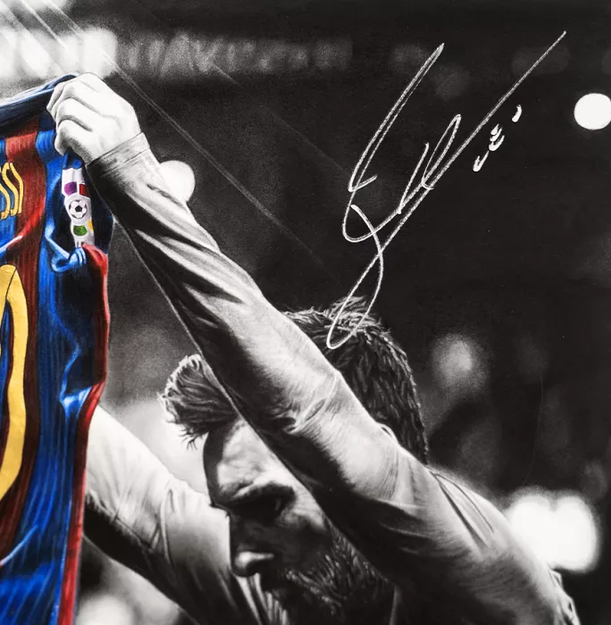 Icons Lionel Messi Official Signed Tribute Artwork In Black Wooden Frame: FC Barcelona Legend