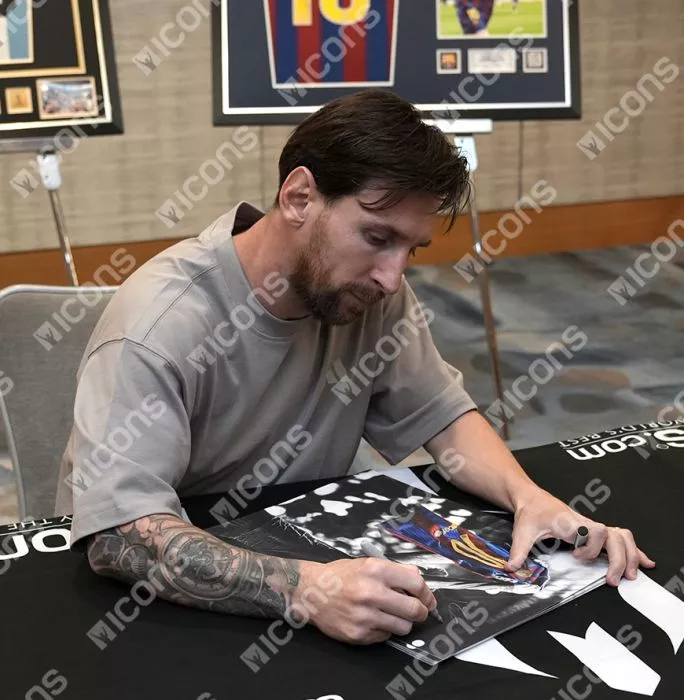 Icons Lionel Messi Official Signed Tribute Artwork In Black Wooden Frame: FC Barcelona Legend