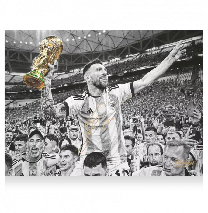 Icons Lionel Messi Official Signed Tribute Artwork In Black Wooden Frame: 2022 FIFA World Cup Winner
