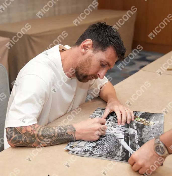 Icons Lionel Messi Official Signed Tribute Artwork In Black Wooden Frame: 2022 FIFA World Cup Winner