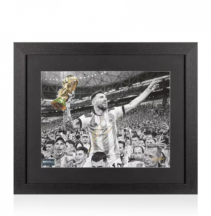 Icons Lionel Messi Official Signed Tribute Artwork In Black Wooden Frame: 2022 FIFA World Cup Winner