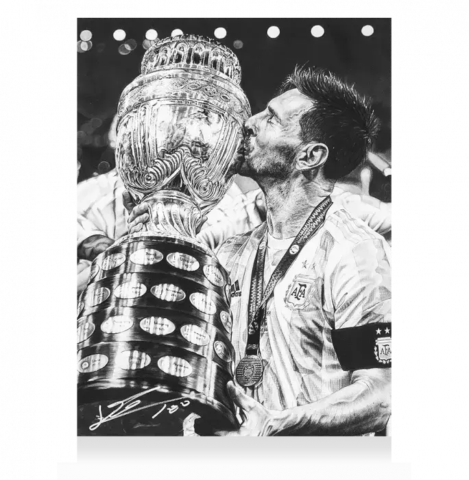 Icons Lionel Messi Official Signed Tribute Artwork In Black Wooden Frame: 2021 Copa America Winner