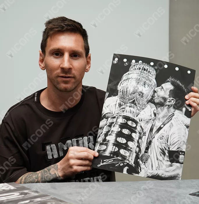 Icons Lionel Messi Official Signed Tribute Artwork In Black Wooden Frame: 2021 Copa America Winner