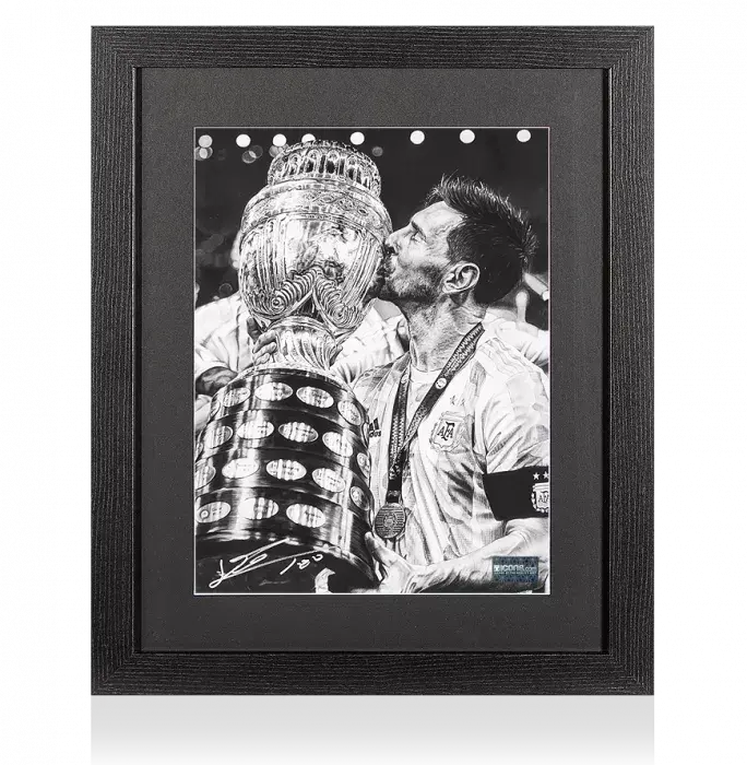 icons Lionel Messi Official Signed Tribute Artwork In Black Wooden Frame: 2021 Copa America Winner