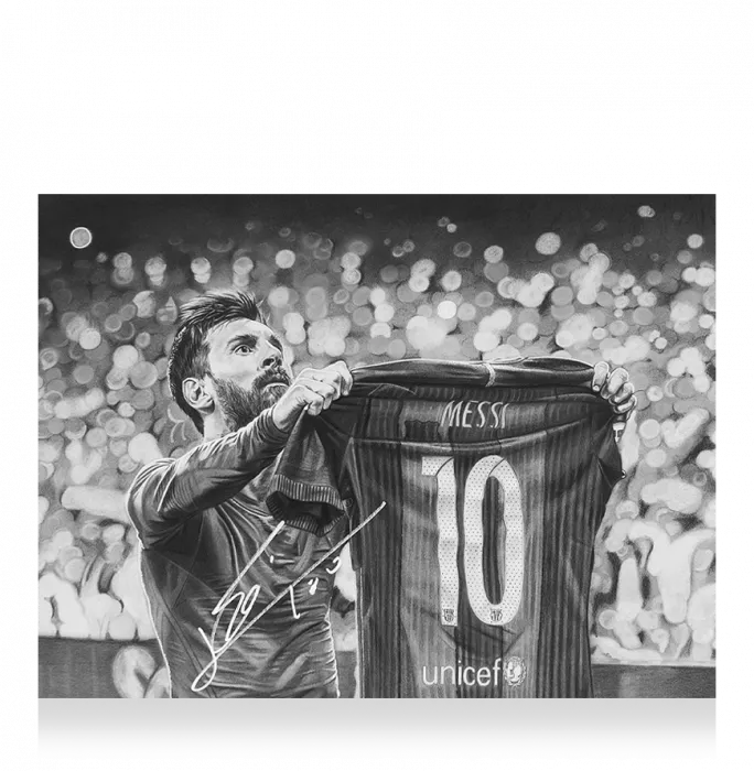 Icons Lionel Messi Official Signed Tribute Artwork In Black Wooden Frame: Iconic Clasico Celebration