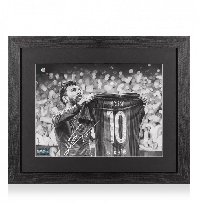icons Lionel Messi Official Signed Tribute Artwork In Black Wooden Frame: Iconic Clasico Celebration