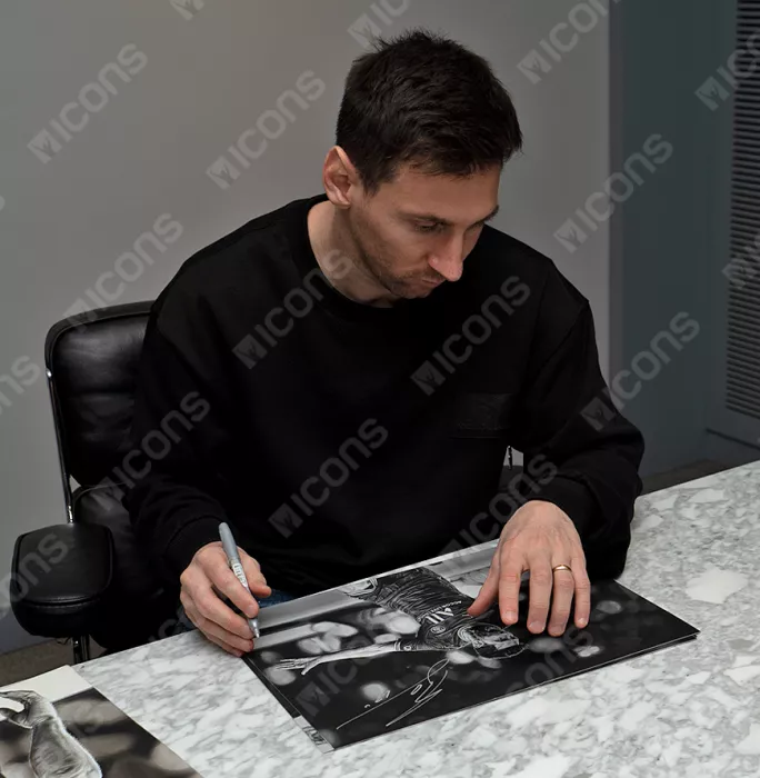Icons Lionel Messi Official Signed Tribute Artwork In Black Wooden Frame: UCL Goal Vs Manchester City