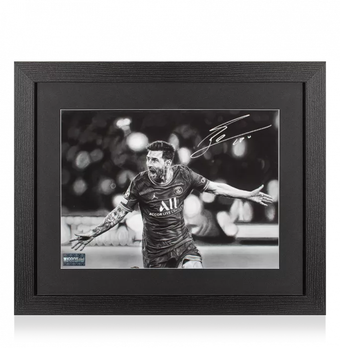 Icons Lionel Messi Official Signed Tribute Artwork In Black Wooden Frame: UCL Goal Vs Manchester City