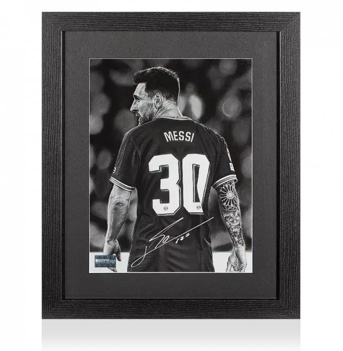 icons Lionel Messi Official Signed Tribute Artwork In Black Wooden Frame: Parisian Icon