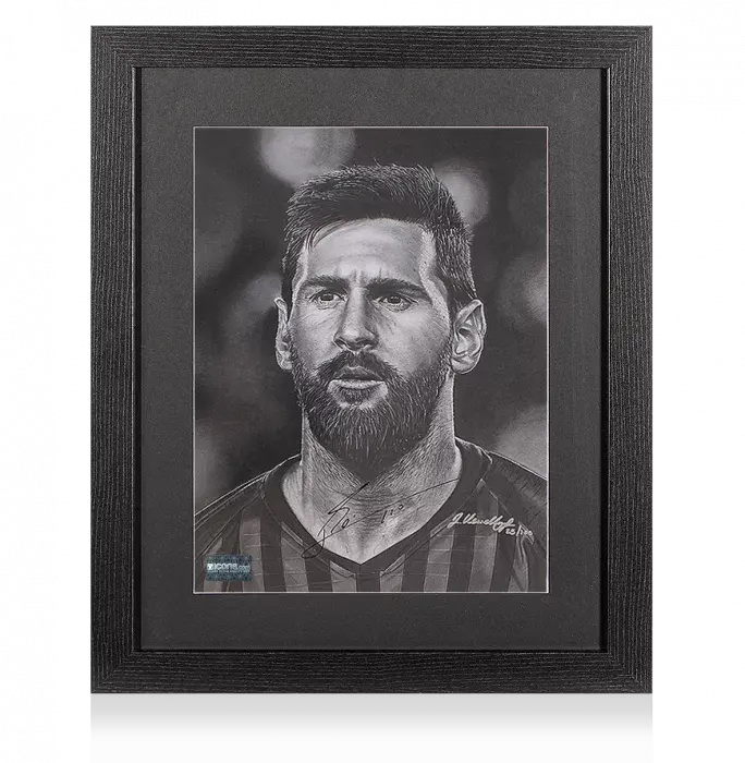 icons Lionel Messi Official Signed Tribute Artwork In Black Wooden Frame: Barca Legend