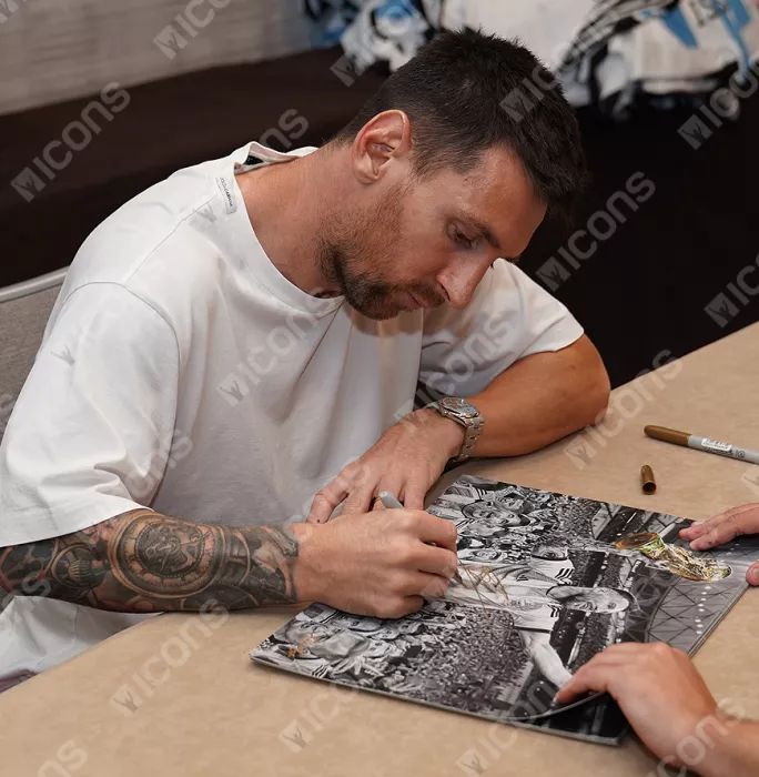 Icons Lionel Messi Official Signed Tribute Artwork In Black Wooden Frame: 2022 FIFA World Cup Winner
