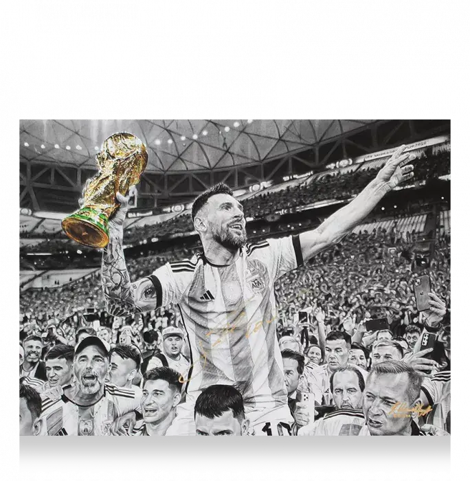 Icons Lionel Messi Official Signed Tribute Artwork In Black Wooden Frame: 2022 FIFA World Cup Winner