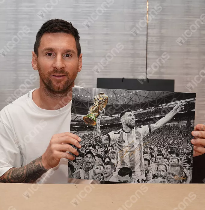 Icons Lionel Messi Official Signed Tribute Artwork In Black Wooden Frame: 2022 FIFA World Cup Winner