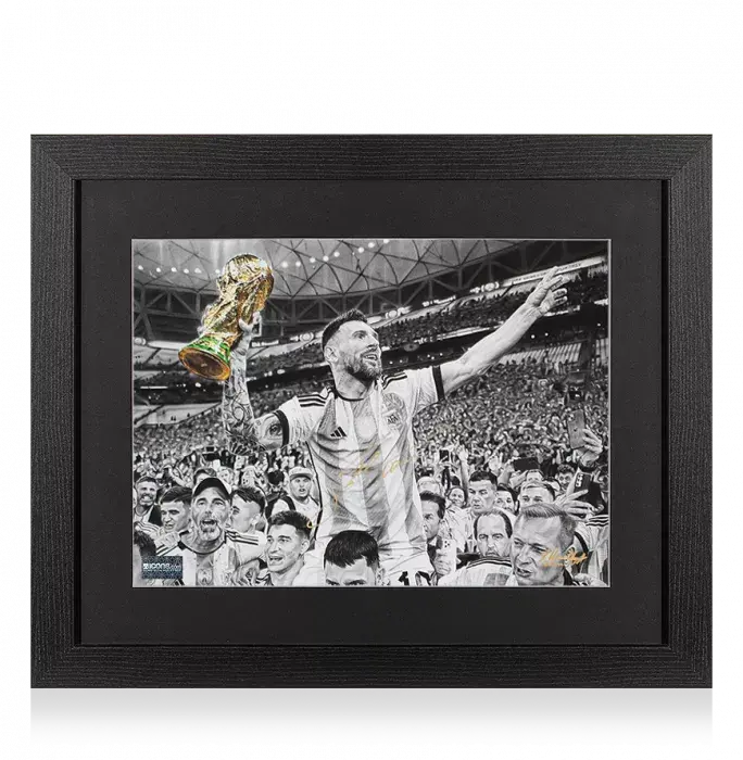 icons Lionel Messi Official Signed Tribute Artwork In Black Wooden Frame: 2022 FIFA World Cup Winner