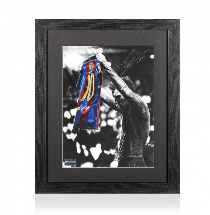 icons Lionel Messi Official Signed Tribute Artwork In Black Wooden Frame: FC Barcelona Legend