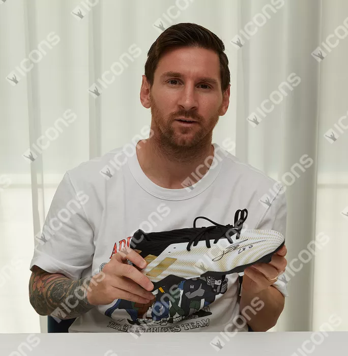 Icons Lionel Messi Official Signed White Black And Gold Adidas Nemeziz .3 Boot In Acrylic Case
