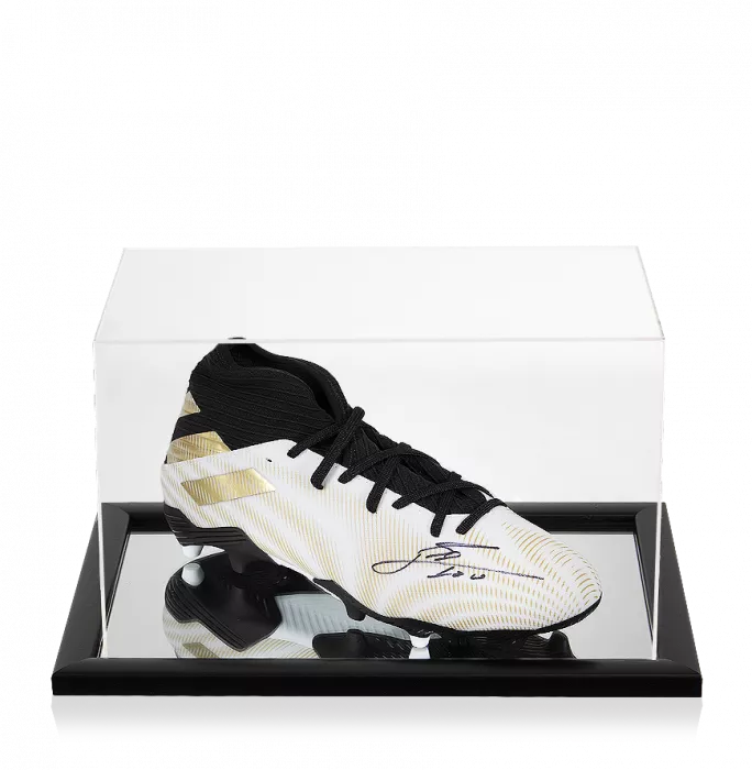 icons Lionel Messi Official Signed White Black and Gold Adidas Nemeziz .3 Boot In Acrylic Case