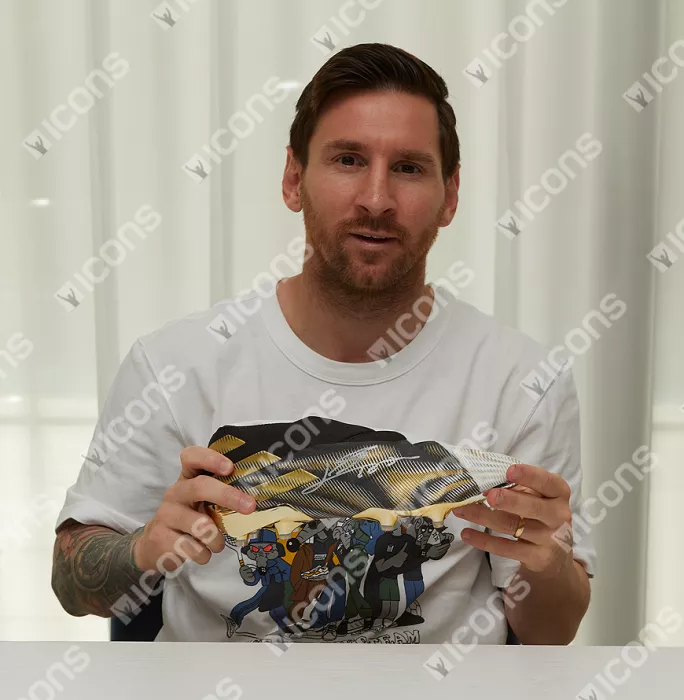 Icons Lionel Messi Official Signed White Gold And Black High Spec Adidas Nemeziz+ Boot In Acrylic Case