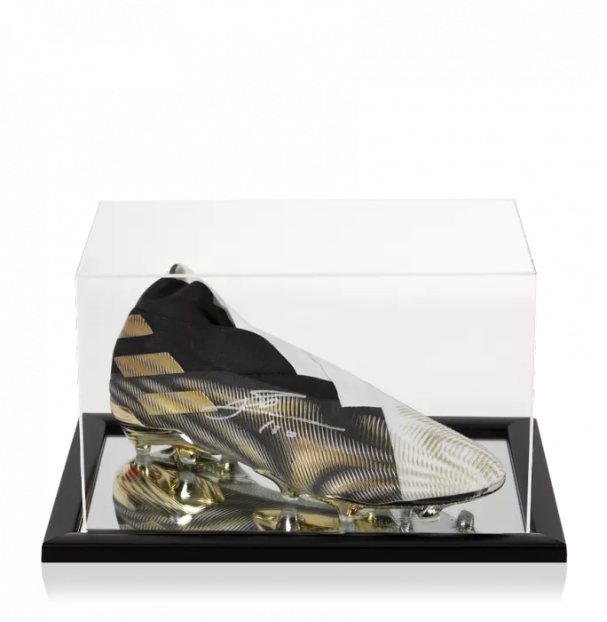 icons Lionel Messi Official Signed White Gold and Black High Spec Adidas Nemeziz+ Boot In Acrylic Case