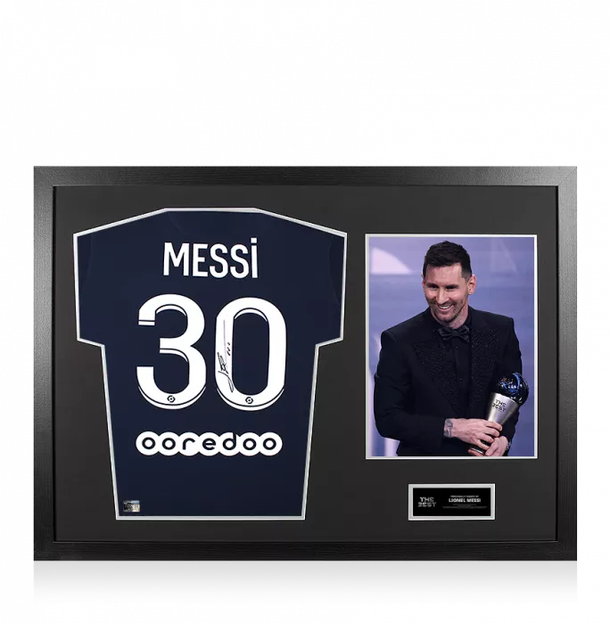 icons Lionel Messi Official The Best FIFA Football Awards™ Back Signed and Framed Paris Saint-Germain 2021-22 Home Shirt: 2022 Winner