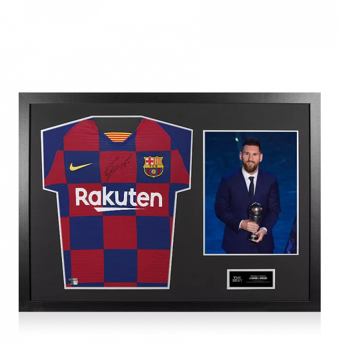 icons Lionel Messi Official The Best FIFA Football Awards™ Front Signed and Framed FC Barcelona 2019-20 Authentic Home Shirt: 2019 Winner