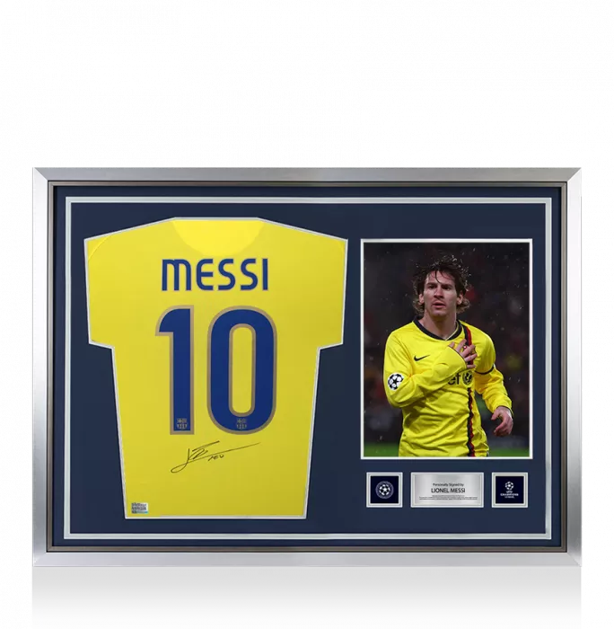 icons Lionel Messi Official UEFA Champions League Back Signed and Hero Framed FC Barcelona 2008-10 Away Shirt