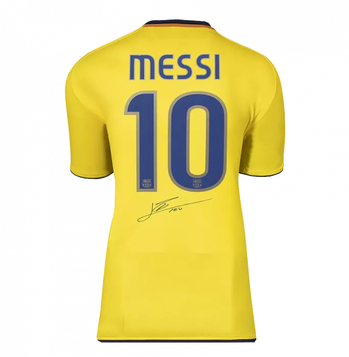 Icons Lionel Messi Official UEFA Champions League Back Signed And Framed FC Barcelona 2008-10 Away Shirt