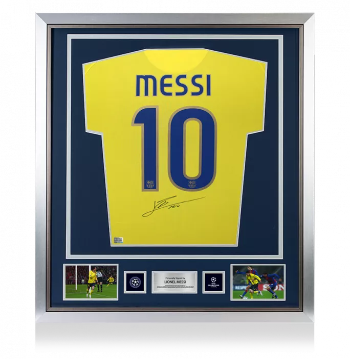 icons Lionel Messi Official UEFA Champions League Back Signed and Framed FC Barcelona 2008-10 Away Shirt