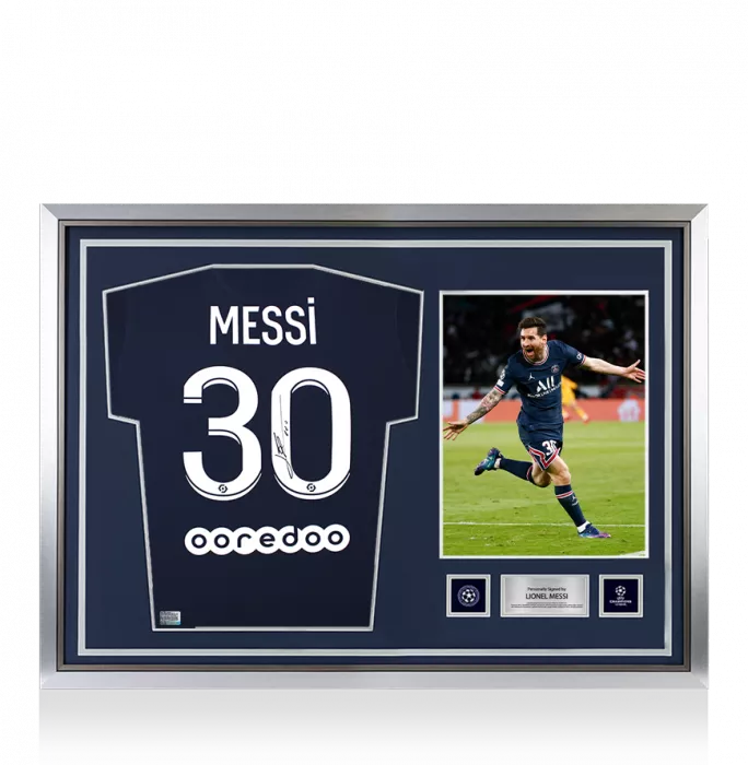 icons Lionel Messi Official UEFA Champions League Back Signed and Hero Framed Paris Saint-Germain 2021-22 Home Shirt
