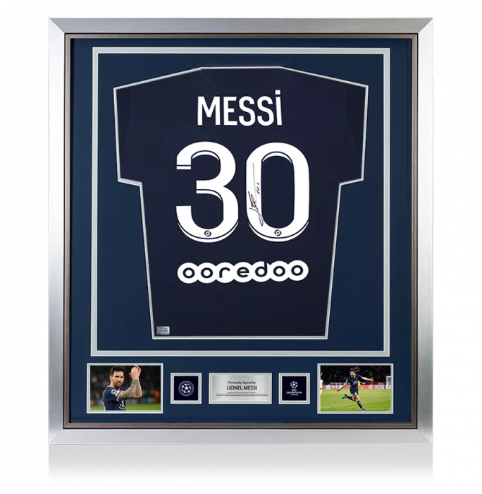 icons Lionel Messi Official UEFA Champions League Back Signed and Framed Paris Saint-Germain 2021-22 Home Shirt