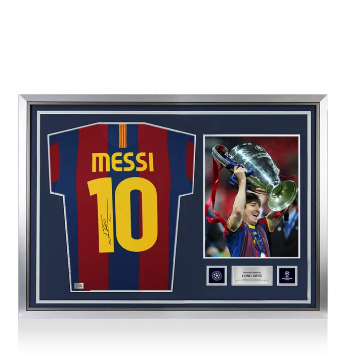 icons Lionel Messi Official UEFA Champions League Back Signed and Hero Framed FC Barcelona 2010-11 Home Shirt