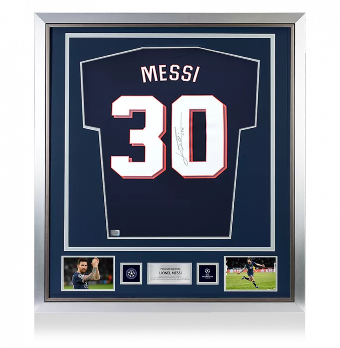 icons Lionel Messi Official UEFA Champions League Back Signed and Framed Paris Saint - Germain 2021-22 Home Shirt