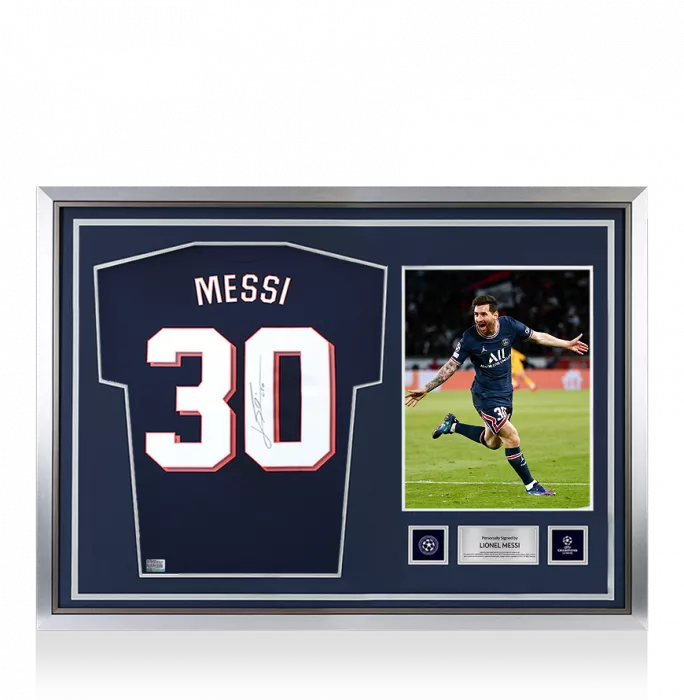 icons Lionel Messi Official UEFA Champions League Back Signed and Hero Framed Paris Saint - Germain 2021-22 Home Shirt