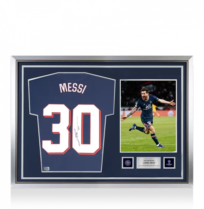icons Lionel Messi Official UEFA Champions League Back Signed and Hero Framed Paris Saint-Germain 2021-22 Home Shirt with Fan Style Numbers