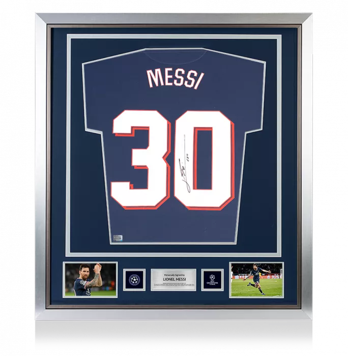 icons Lionel Messi Official UEFA Champions League Back Signed and Framed Paris Saint-Germain 2021-22 Home Shirt with Fan Style Numbers