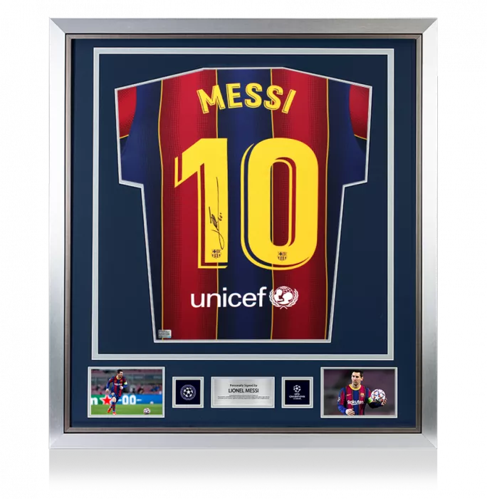 icons Lionel Messi Official UEFA Champions League Back Signed and Framed FC Barcelona 2020-21 Home Shirt