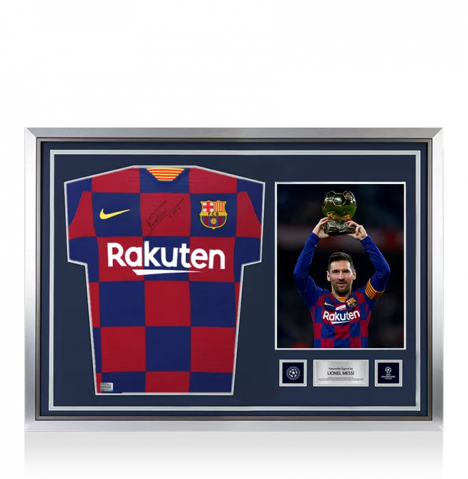 icons Lionel Messi Official UEFA Champions League Front Signed and Hero Framed FC Barcelona 2019-20 Authentic Home Shirt