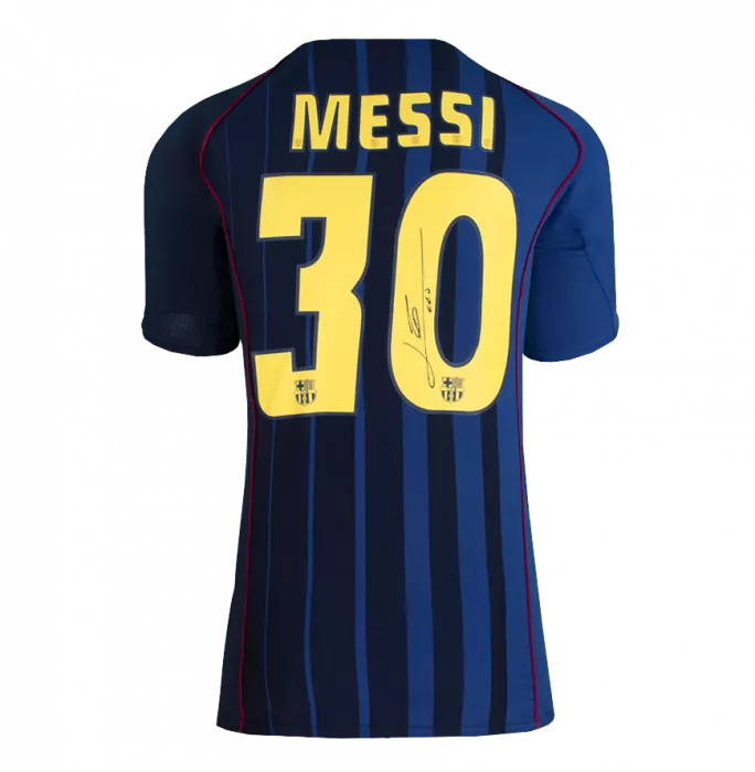Icons Lionel Messi Official UEFA Champions League Official Back Signed And Framed FC Barcelona 2004-05 Away Shirt