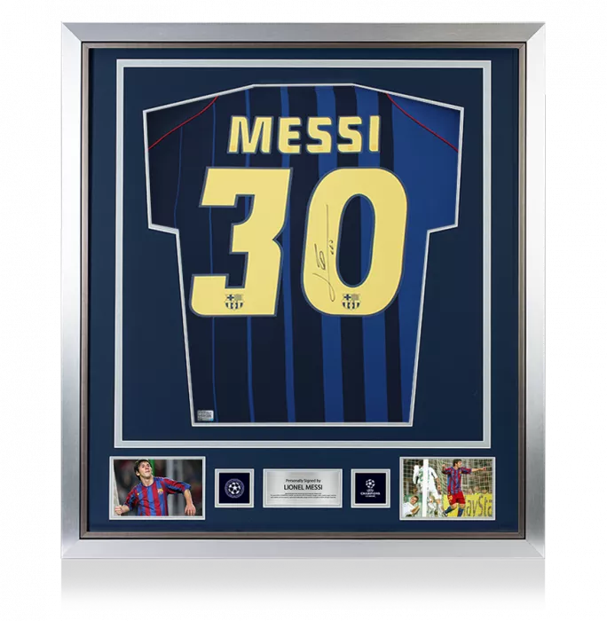 icons Lionel Messi Official UEFA Champions League Official Back Signed and Framed FC Barcelona 2004-05 Away Shirt