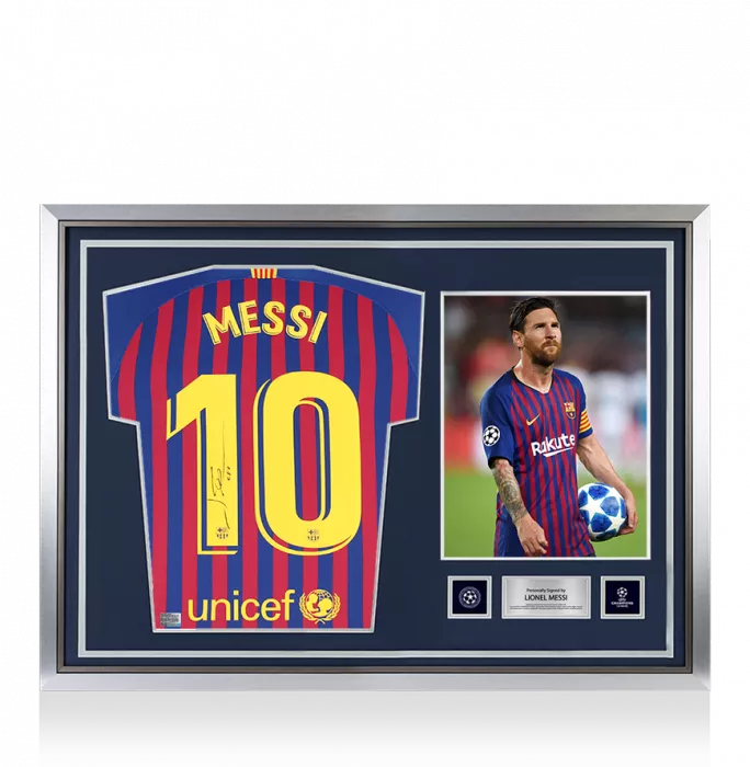 icons Lionel Messi Official UEFA Champions League Official Back Signed and Hero Framed FC Barcelona 2018-19 Home Shirt