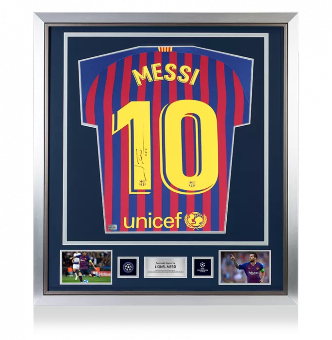 icons Lionel Messi Official UEFA Champions League Official Back Signed and Framed FC Barcelona 2018-19 Home Shirt