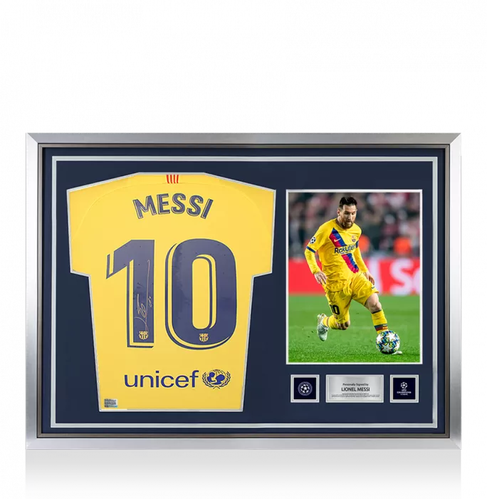 icons Lionel Messi Official UEFA Champions League Official Back Signed and Hero Framed FC Barcelona 2019-20 Away Shirt