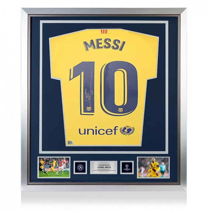icons Lionel Messi Official UEFA Champions League Official Back Signed and Framed FC Barcelona 2019-20 Away Shirt